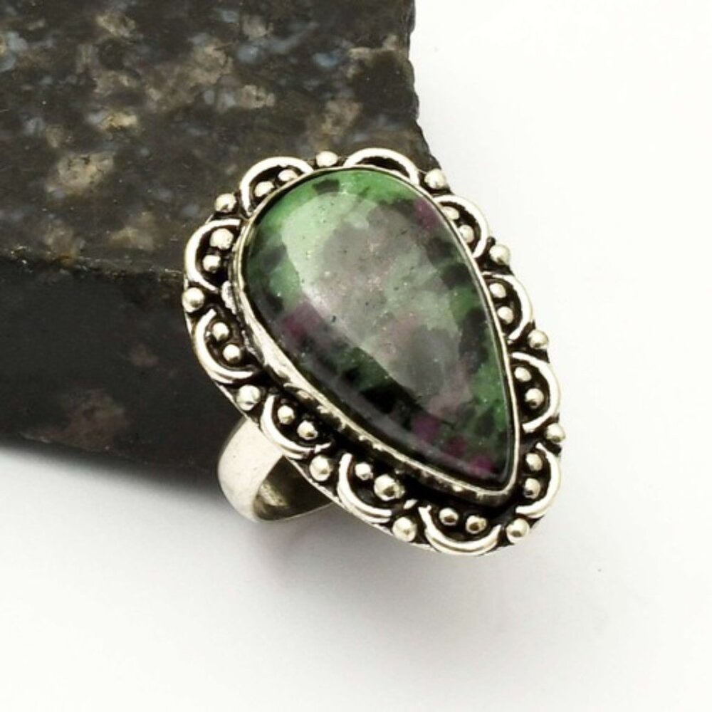 925 Sterling Silver Handmade Ruby Zoisite Gemestone Ring Size 10